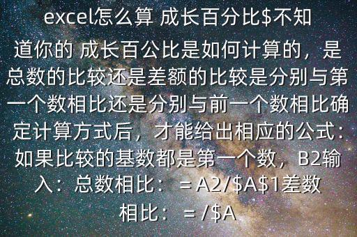excel怎么算 成長百分比$不知道你的 成長百公比是如何計算的，是總數(shù)的比較還是差額的比較是分別與第一個數(shù)相比還是分別與前一個數(shù)相比確定計算方式后，才能給出相應(yīng)的公式：如果比較的基數(shù)都是第一個數(shù)，B2輸入：總數(shù)相比：＝A2/$A$1差數(shù)相比：＝/$A