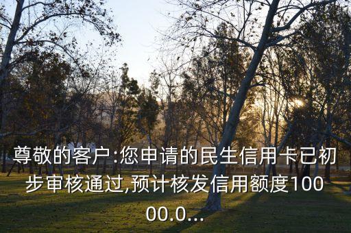 尊敬的客戶:您申請(qǐng)的民生信用卡已初步審核通過(guò),預(yù)計(jì)核發(fā)信用額度10000.0...